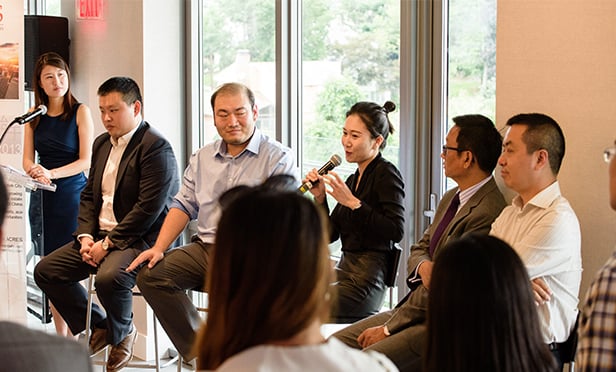 Panel at DMG Investments/ACRES Showcase, from left: Moderator Jennifer Song, Cushman & Wakefield; Jacky He, Executive Vice President, DMG Investments; Greg Wang, General Counsel, Hongkun USA; Georgina Sun, Director of Marketing & Sales, China Overseas America; Chester Gu, Vice President, US Education and Value Added Service, Landsea Holdings Corporation; and Yan Zhou, Deputy General Manager, Shokai Group