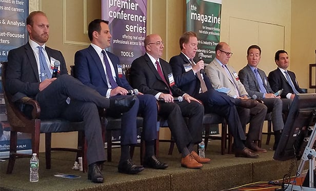 Multifamily Panel at RealShare NJ 2017. From left: Alex Cocoziello, Principal & Vice President of Investment , Advance Realty; Brian Hosey, Vice President / Regional Manager New Jersey, Marcus & Millichap; Jose R. Cruz, Senior Managing Director, HFF; Mitchell S. Berkey, Co-Chair Real Estate Group, Chiesa Shahinian & Giantomasi; Russell Tepper, Senior Managing Director - New York, New Jersey & Connecticut, Mill Creek Residential; Brian Stolar, President and CEO, The Pinnacle Companies; and Christopher M. Bellapianta, Managing Principal, Camber Real Estate Partners. (Steve Lubetkin photo/StateBroadcastNews.com)