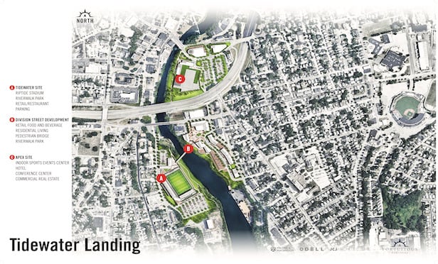 A map of the Tidewater Landing project on the Pawtucket waterfront.