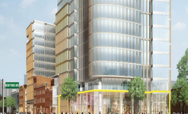 A rendering of Douglas Development’s 756,000-square foot project at 655 New York Ave., NW