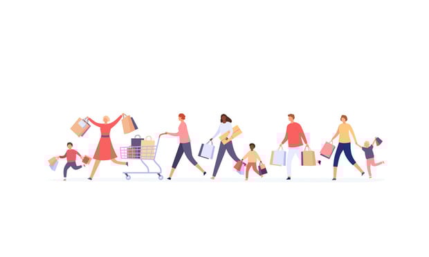 People crowd running for sale. Women and men customers with shopping bags race for big discount. Black friday crazy shoppers vector concept