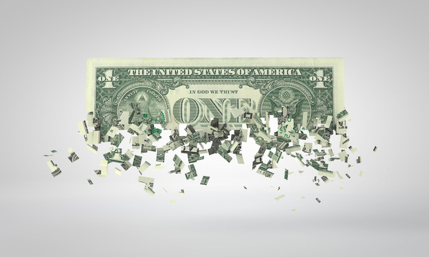 One dollar bill breaking into pieces. Inflation and recession concept. 3D Rendering