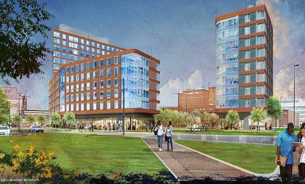 A rendering of the new student housing project to be built on the UMass Boston campus.