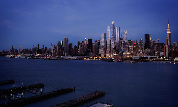 An evening view of the Hudson Yards from the Hudson River. Courtesy: Related-Oxford.