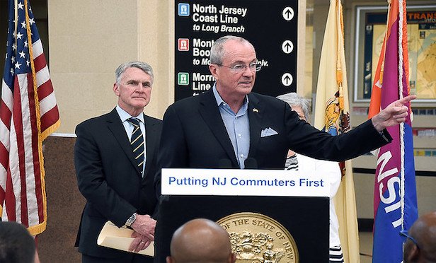 New Jersey Gov. Phil Murphy and NJ TRANSIT president and CEO Kevin Corbett (left) at a press conference earlier this year.
