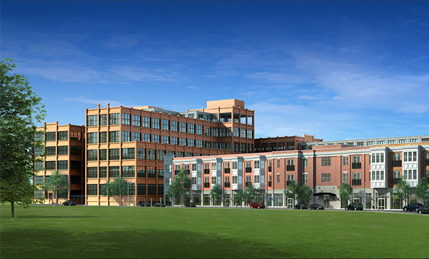 Rendering of Prism's Edison Village Phase 1, West Orange, NJ, showing redevelopment of Thomas Edison's laboratory and factory buildings, at left.