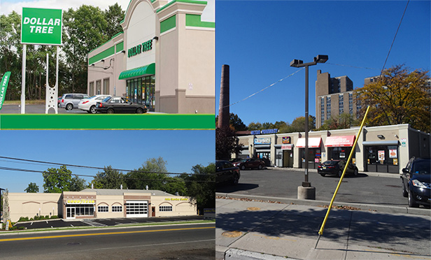 New Jersey retail properties which were recently sold in transactions brokered by CBRE, clockwise from top left, are: 1204 Route 130 N, Burlington; 727 Frelinghuysen Avenue, Newark; and 39 Kinderkamack Road, Westwood, NJ