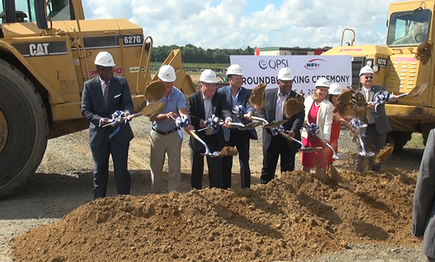 Officials of NFI and QPSI join Lt. Gov. Kim Guadagno at groundbreaking for new specialty packaging warehouse in Florence Township, NJ (Jake Kozmor photo/StateBroadcastNews.com. Used by permission)