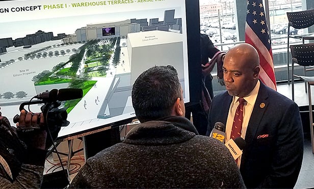 Newark Mayor Ras Baraka answering questions about the Mulberry Commons project