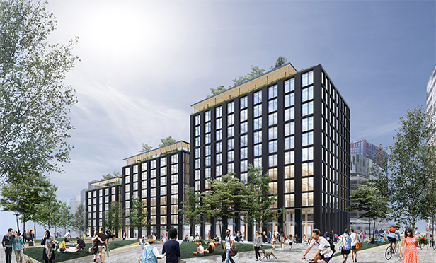 Rendering of Lotus Equity's timber office, planned for Riverfront Square, Newark, NJ