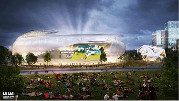 Amphitheater: The soccer stadium would have an amphitheater for projecting games. This setup is reminiscent of the New World Symphony in Miami Beach, where people can watch concerts while stretched out on the lawn.