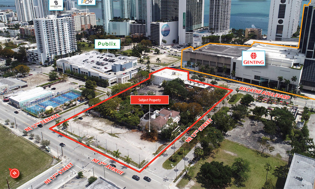 An aerial graphic showing the 3-acre site, located in an opportunity zone at 17th Street and Biscayne Boulevard, that's being sold (foreground) and existing high-rises to the east.