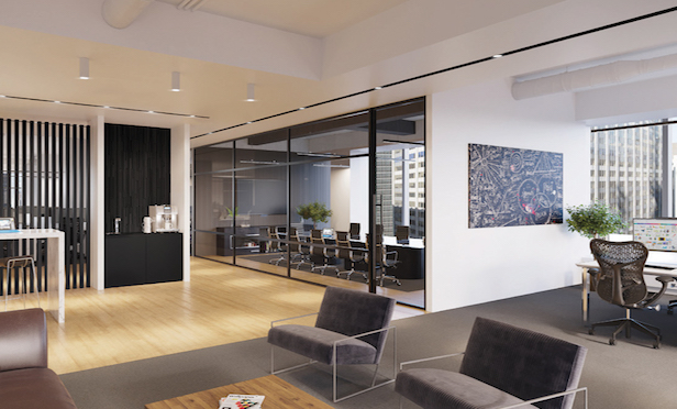 Rendering of 1330 Sixth Ave. show prebuilt features including conference rooms, exposed ceilings, updated lobby art.